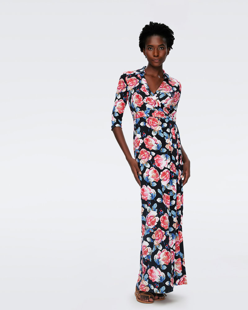Front of a model wearing a size XXL DVF ABIGAIL MAXI DRESS in FORTUNE ROSE MED by Diane von Furstenberg. | dia_product_style_image_id:316532